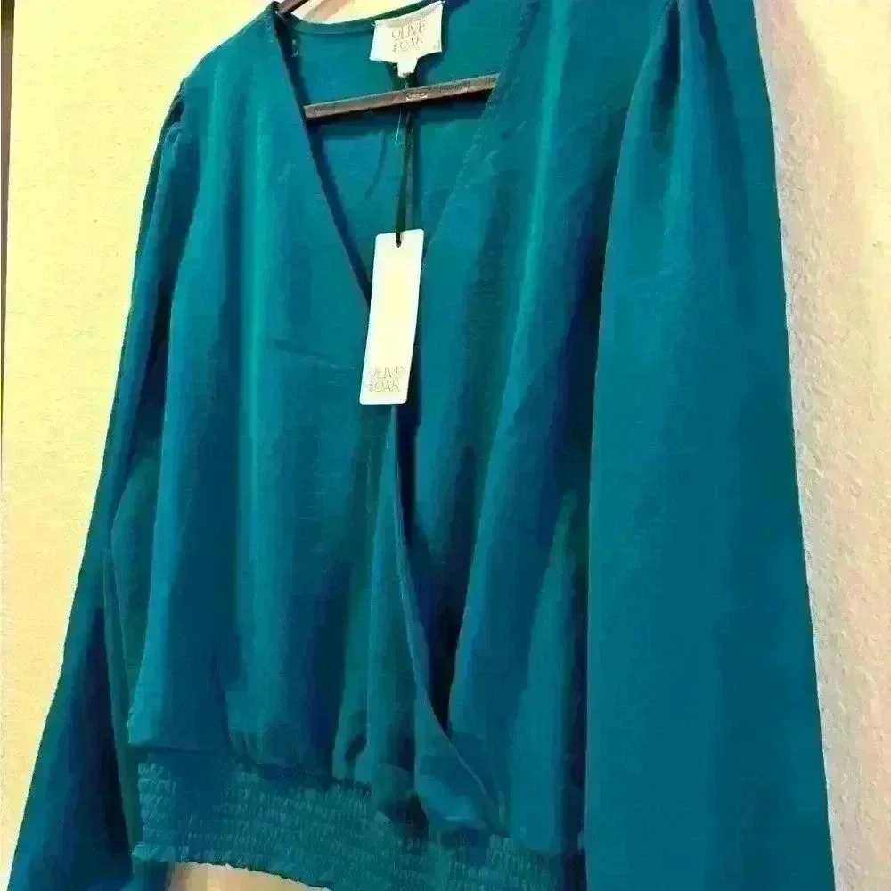 Olive and Oak dark teal jade cross long sleeve blouse